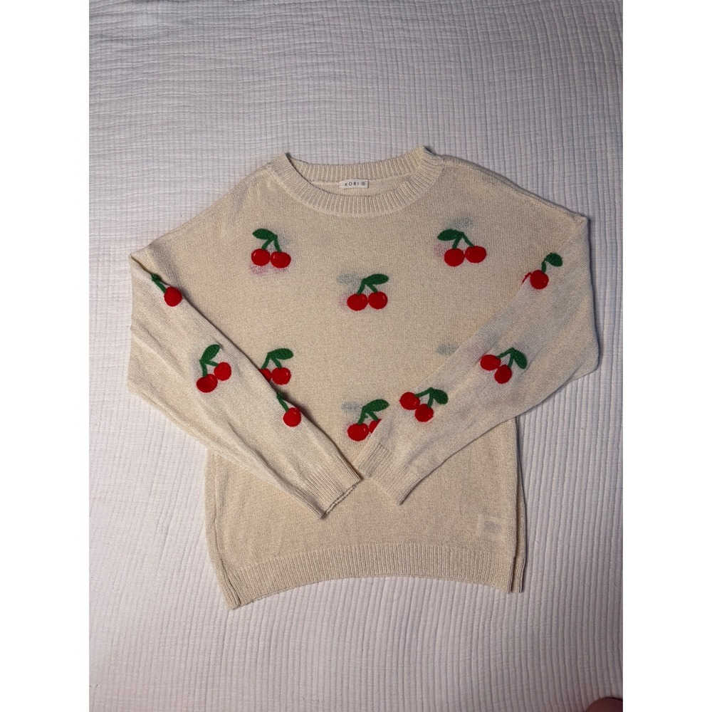 Kori America Cherry Embroidered Sweater Cream Knit Long Sleeve Size S